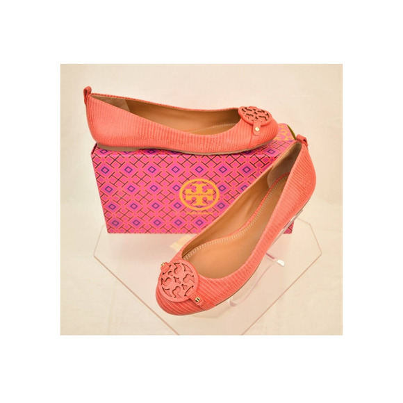 NIB TORY BURCH ORANGE MINI MILLER LIZARD PRINT LEATHER BIG REVA FLATS 8 BRAZIL - Picture 3 of 12